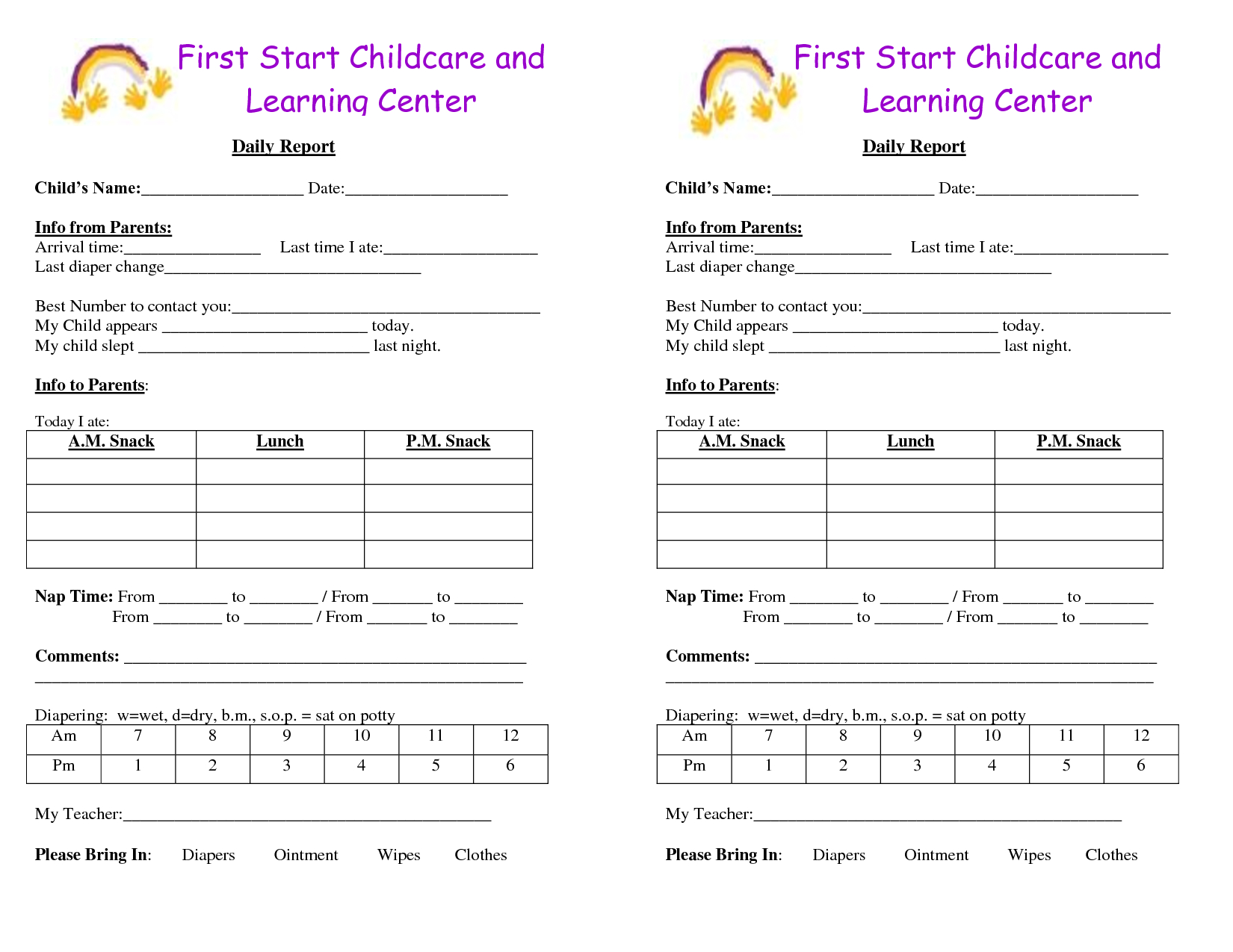 Daycare Infant Daily Report Template Professional Plan Templates