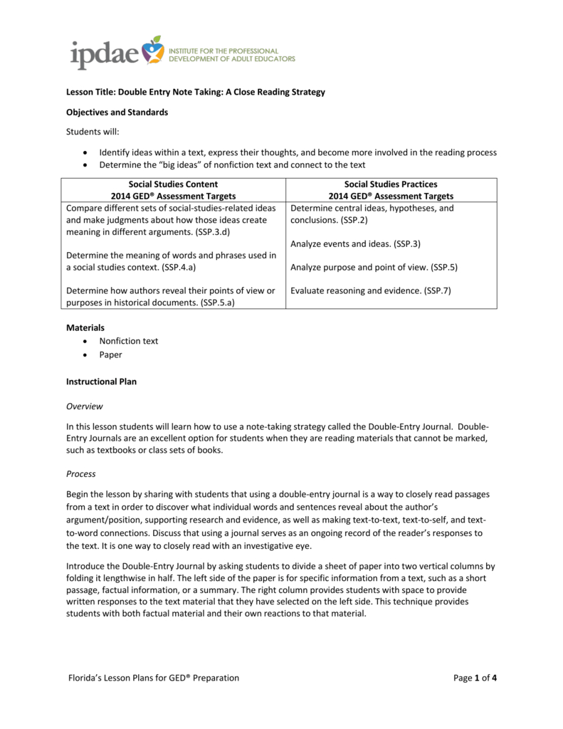 Double Entry Note Taking Intended For Double Entry Journal Template For Word