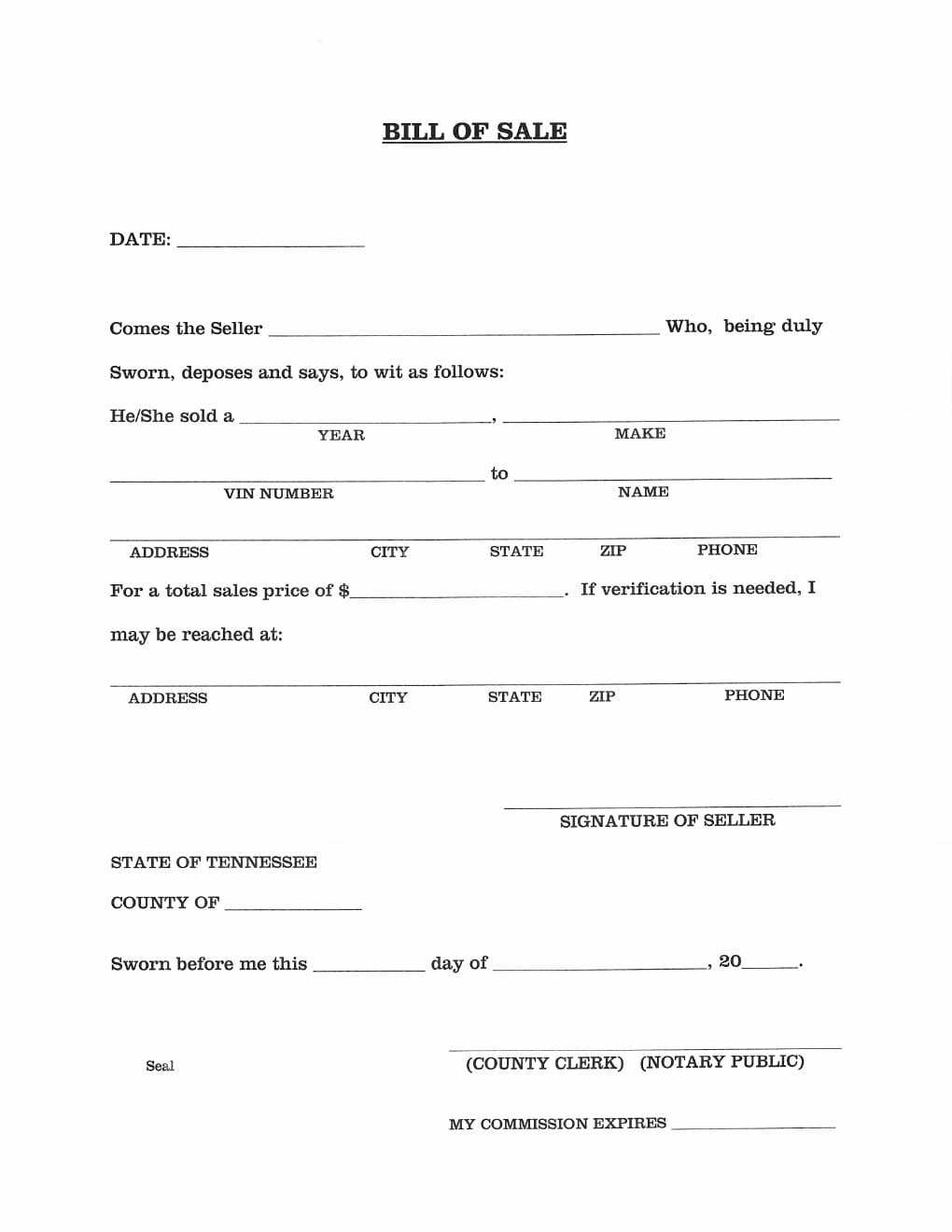 Download Free Tennessee Vehicle Bill Of Sale Form | Form In Car Bill Of Sale Word Template