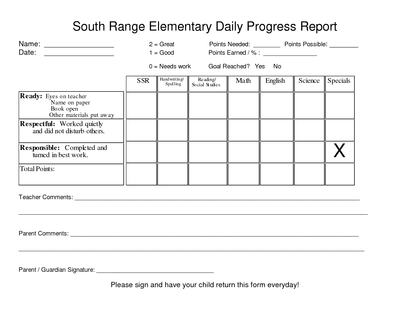 Downloadable Elementary School Daily Progress Report With Regard To School Progress Report Template