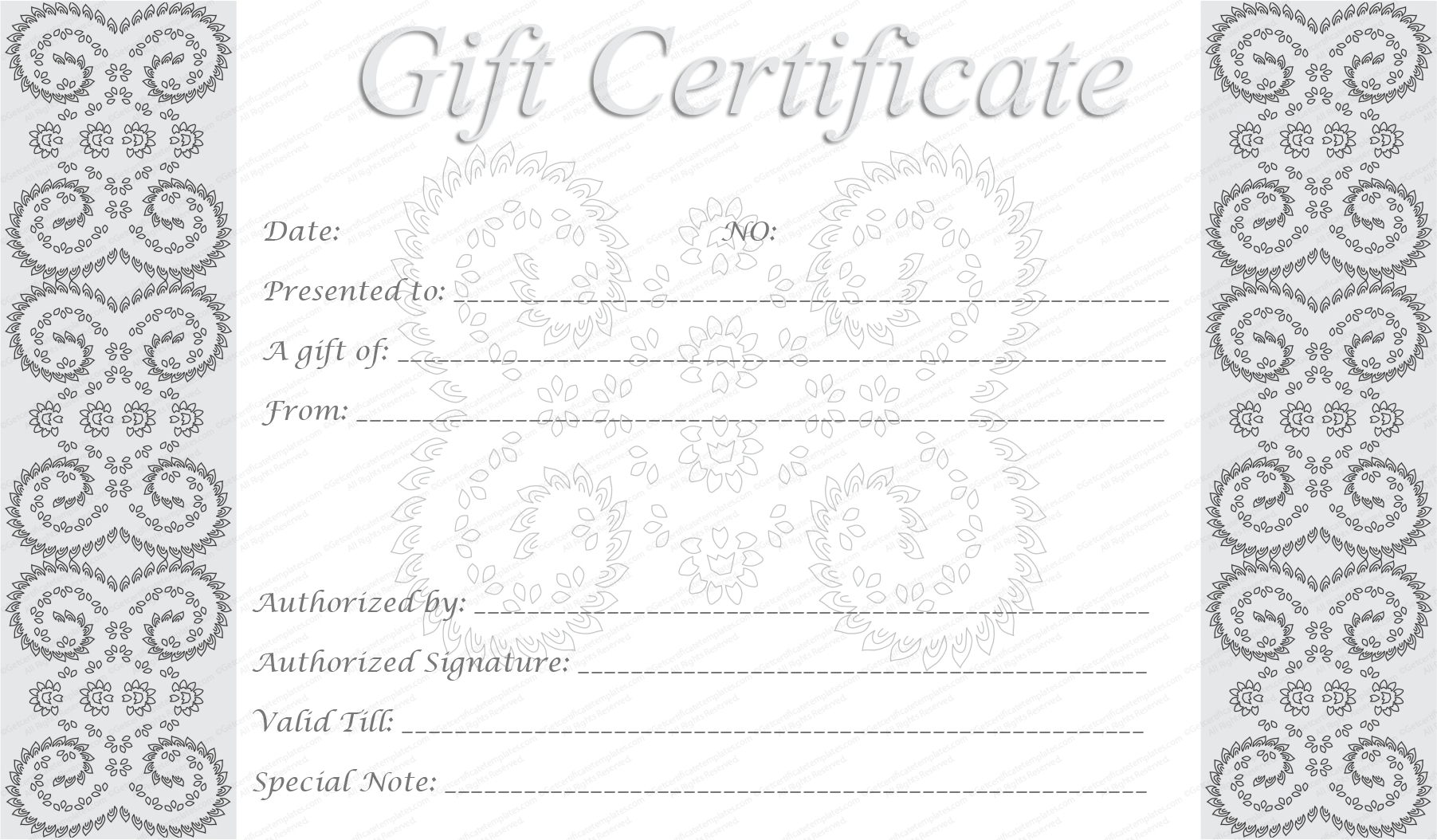 Editable And Printable Silver Swirls Gift Certificate Template Within Blank Marriage Certificate Template