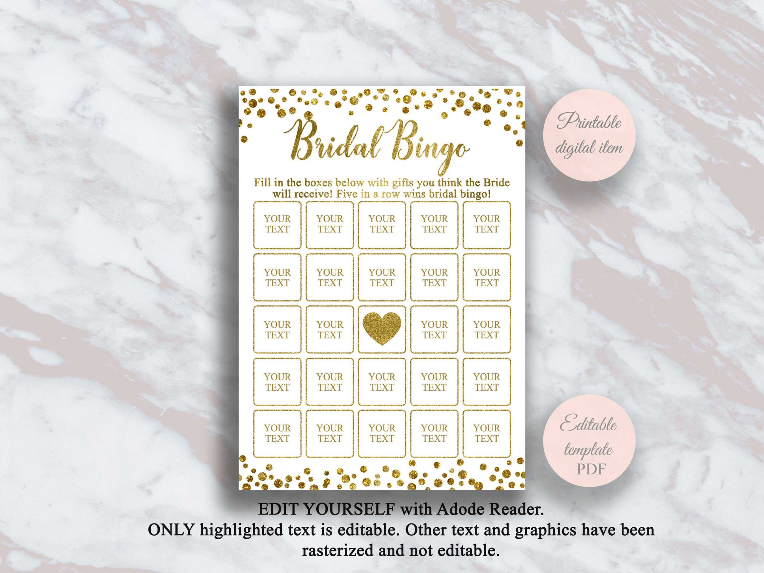 Editable Bridal Shower Bingo Cards Template, Gold Bridal Bingo, Bridal  Shower Games, Bridal Shower Ideas, Blank Bingo, Shower Activity, S2Br Throughout Blank Bridal Shower Bingo Template