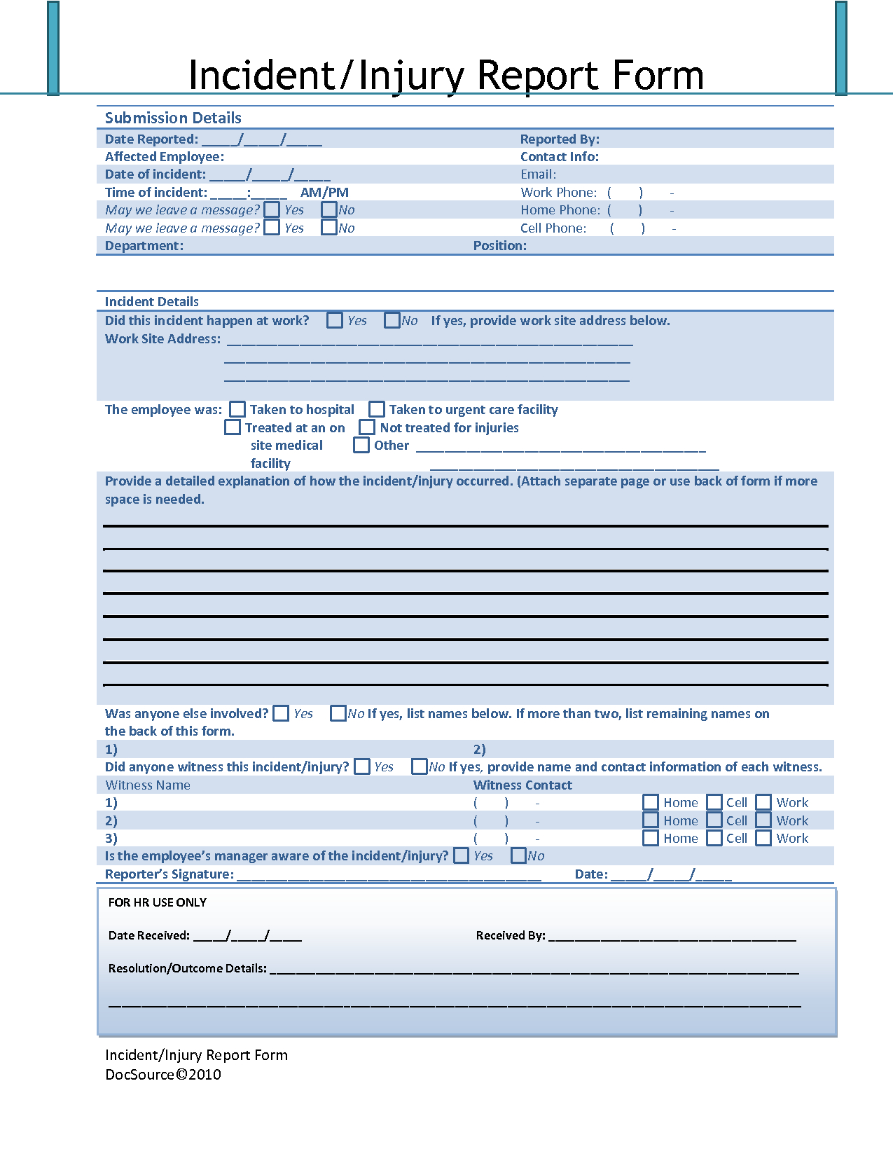 Effective Accident Injury Report Form Template With Blue With Regard To Incident Report Form Template Word