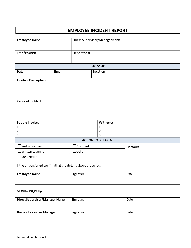 Employee Incident Report Sample | Templates At With Regard To Employee Incident Report Templates