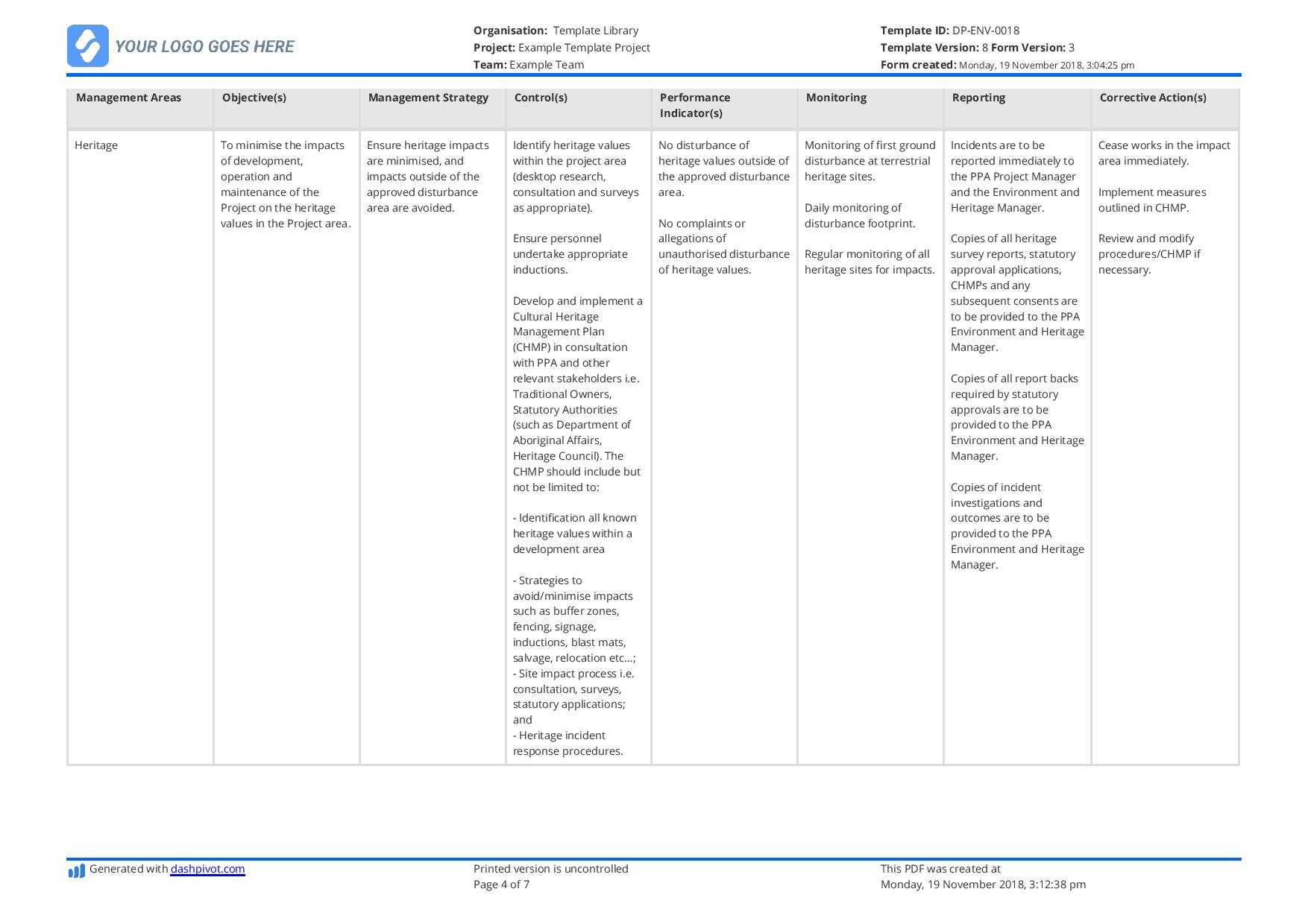 Environmental Management Plan Template (For Construction Intended For Environmental Impact Report Template