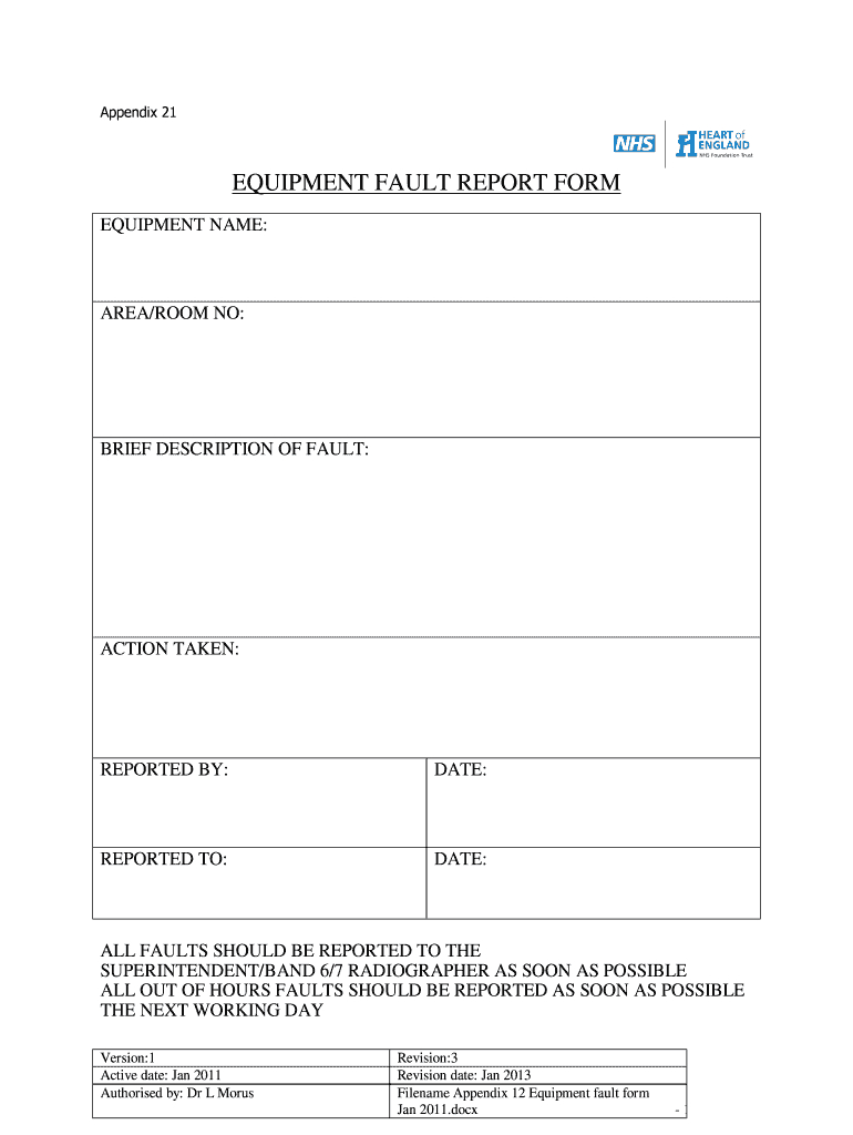 Equipment Fault Report - Fill Online, Printable, Fillable Regarding Equipment Fault Report Template