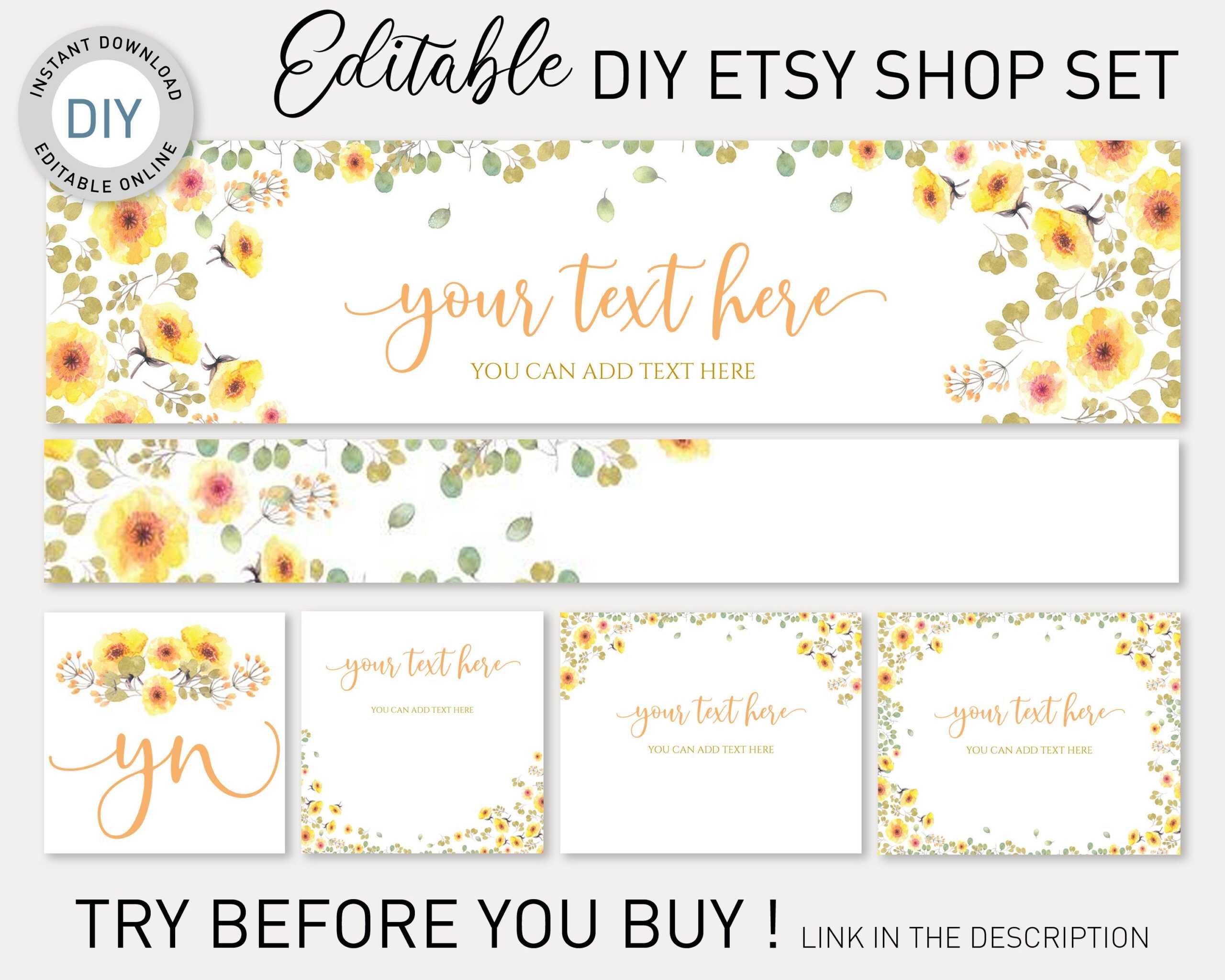 Etsy Banner Diy Template, Yellow Watercolor Flowers Etsy Branding Kit, Etsy  Shop Graphics,etsy Cover Image,templett Etsy Shop Mockup Throughout Etsy Banner Template