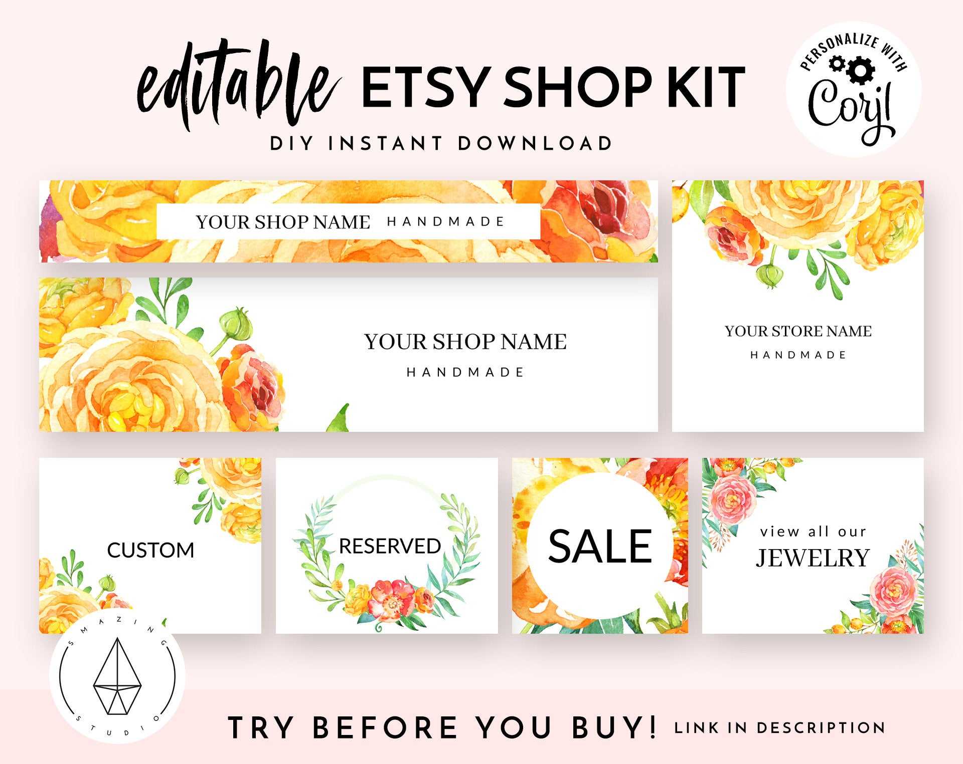 Etsy Shop Banner Set, Etsy Shop Kit, Etsy Shop Graphics, Store Icon, Banner  Template, Corjl Editable Banners, Etsy Banners Diy, Watercolor Regarding Etsy Banner Template