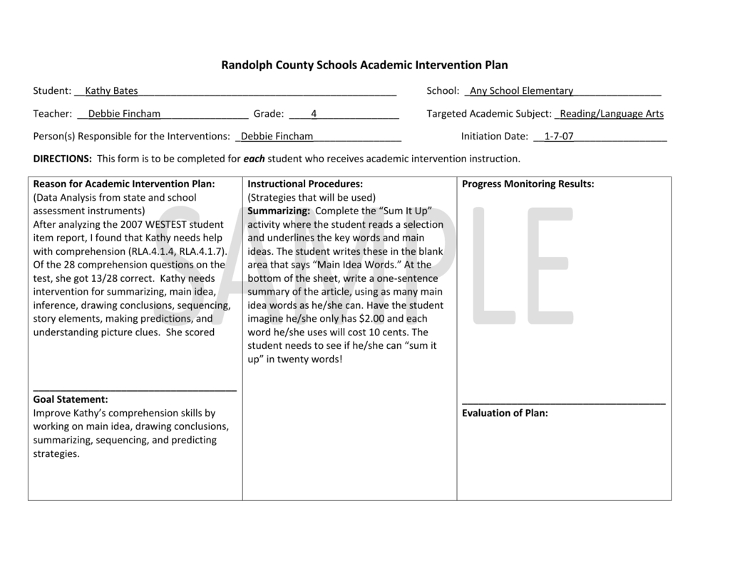 Example Of Academic Intervention Plan For Grades 3 5 Intended For Intervention Report Template