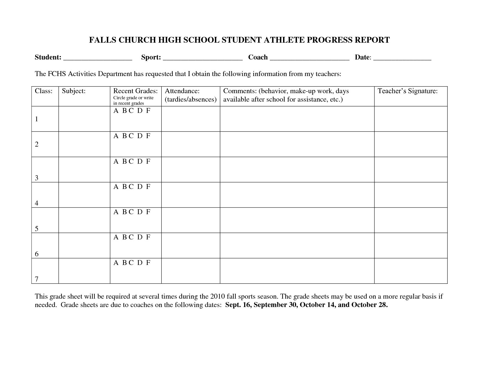 Falls Church High School Student Athlete Progress Report Pertaining To Student Grade Report Template