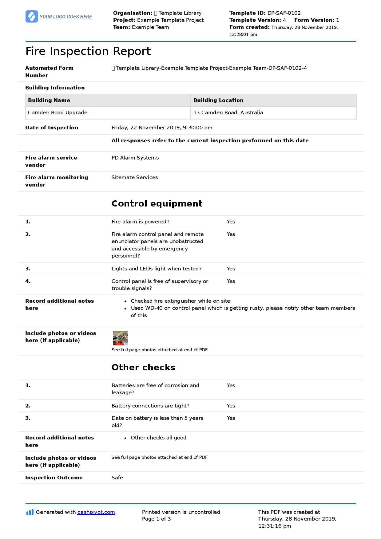 Fire Inspection Report Template (Free And Editable Form Pertaining To Part Inspection Report Template