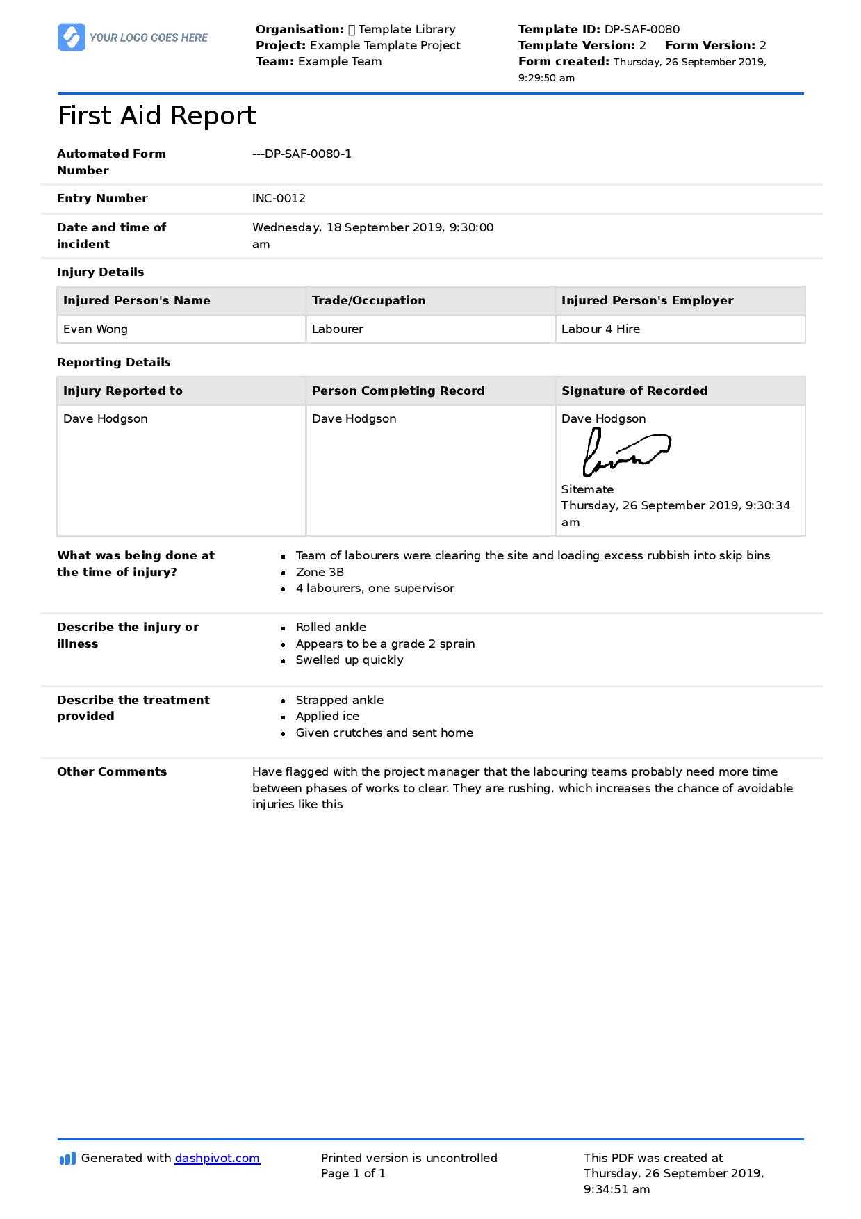 First Aid Report Form Template (Free To Use, Better Than Pdf) Pertaining To First Aid Incident Report Form Template