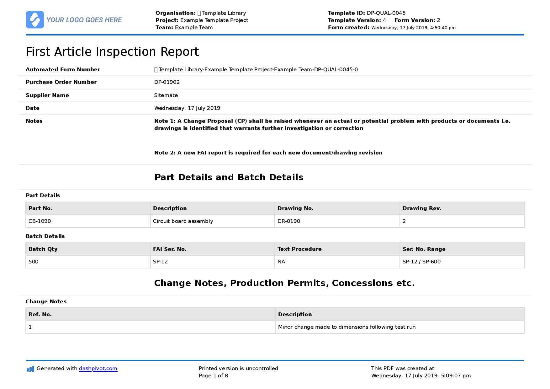 First Article Inspection Form Template: Free & Editable Within Engineering Inspection Report Template