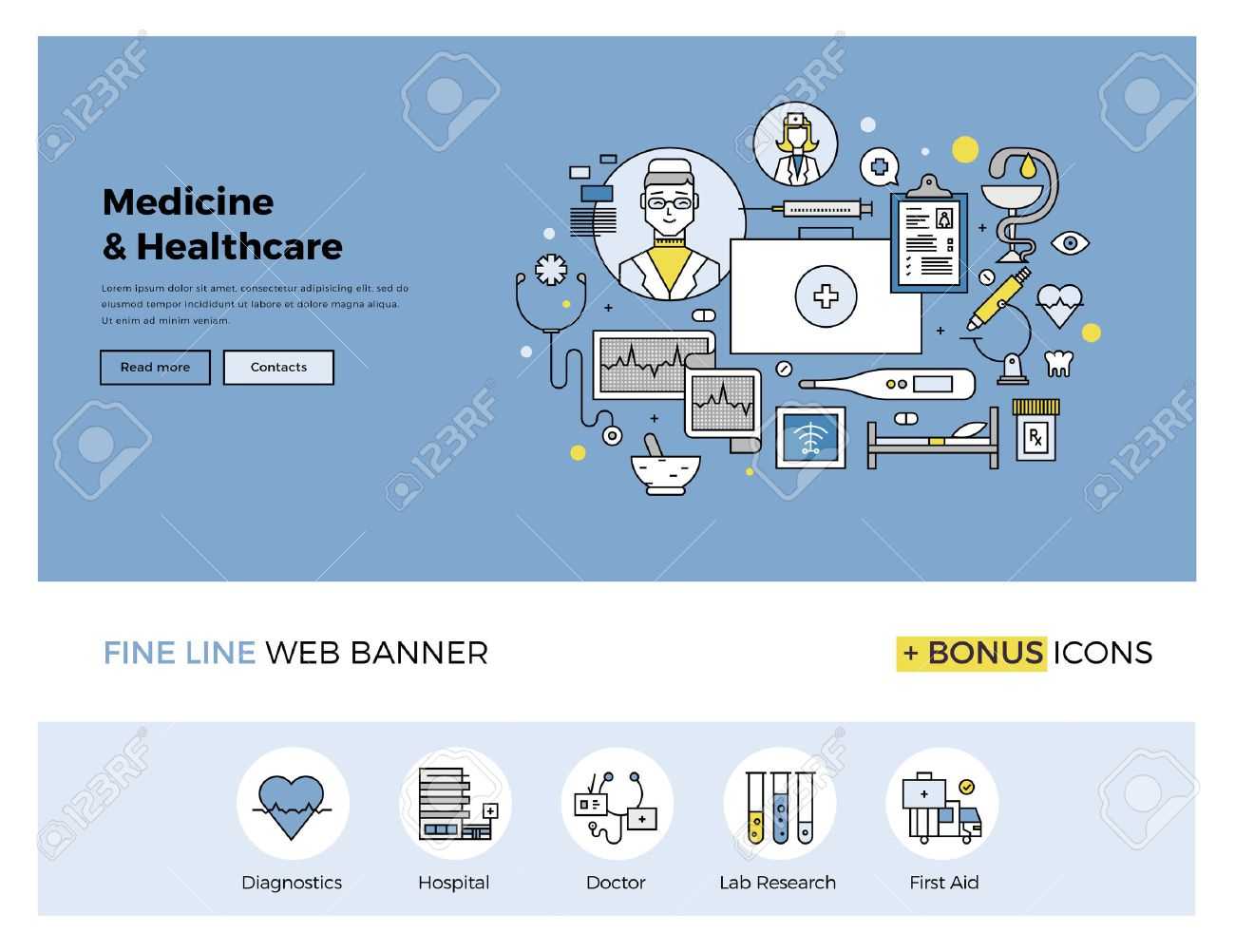 Flat Line Design Of Web Banner Template With Outline Icons Of.. Inside Medical Banner Template