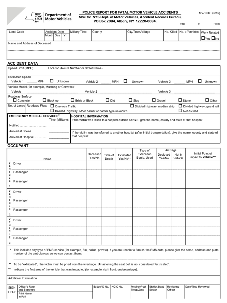 Form Mv 104D – Police Report For Fatal Motor Vehicle Regarding Vehicle Accident Report Form Template