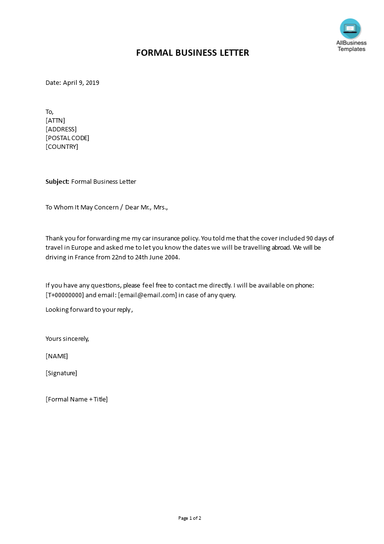Formal Business Letter In Word | Templates At In Microsoft Word Business Letter Template
