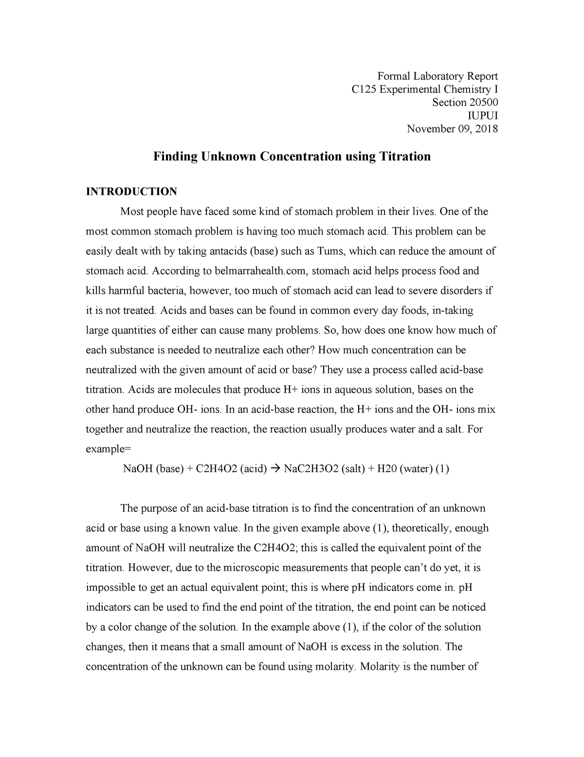Formal Lab Report Of Vinegar Lab – Chem C125 – Iupui – Studocu Intended For Formal Lab Report Template