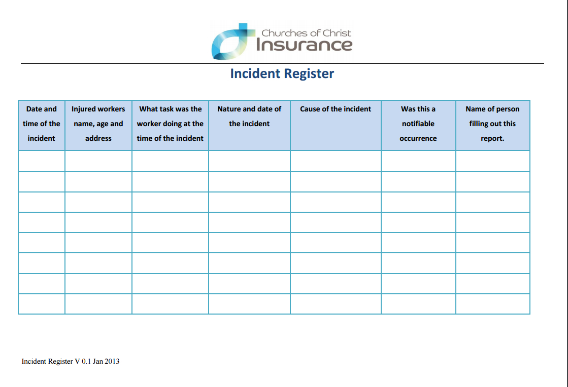 Forms | Churches Of Christ Insurance Regarding Incident Report Register Template