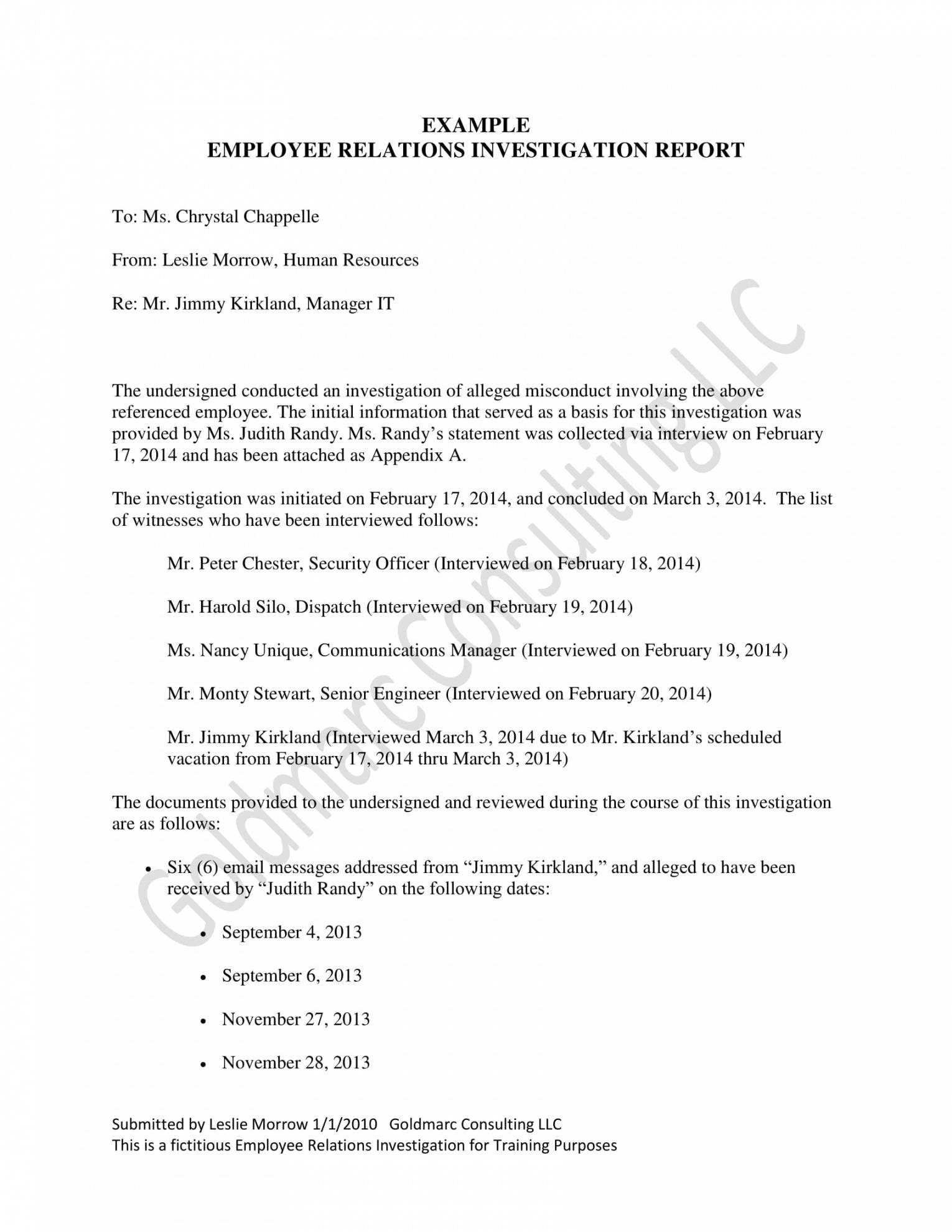 Free 10 Workplace Investigation Report Examples Pdf Examples Inside Hr Investigation Report Template
