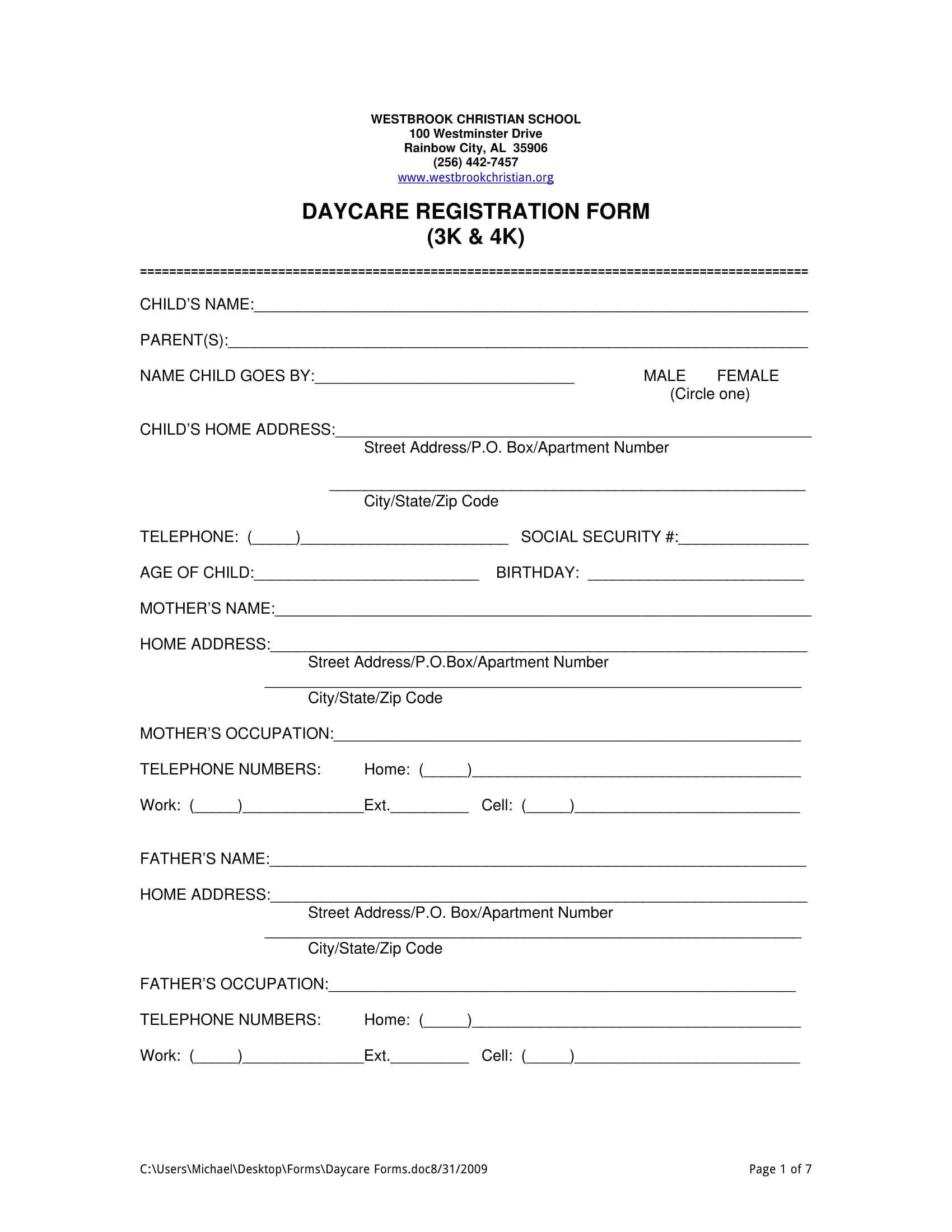 Free 11+ Daycare Registration Forms In Pdf | Ms Word Pertaining To School Registration Form Template Word