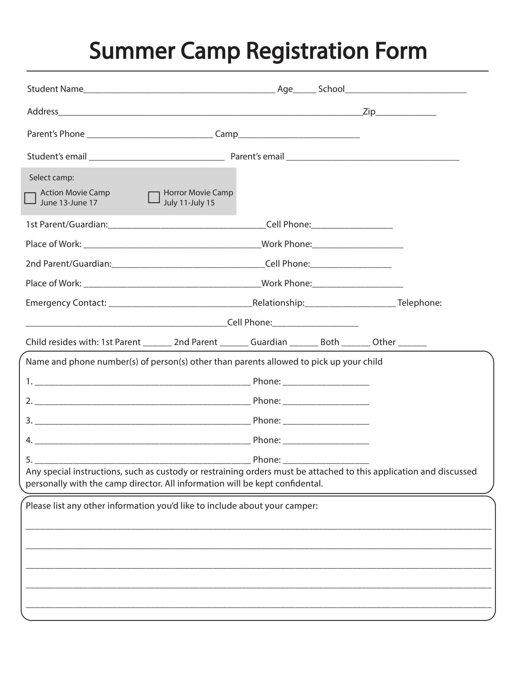 Free 11+ Printable Summer Camp Registration Forms In Pdf Regarding School Registration Form Template Word