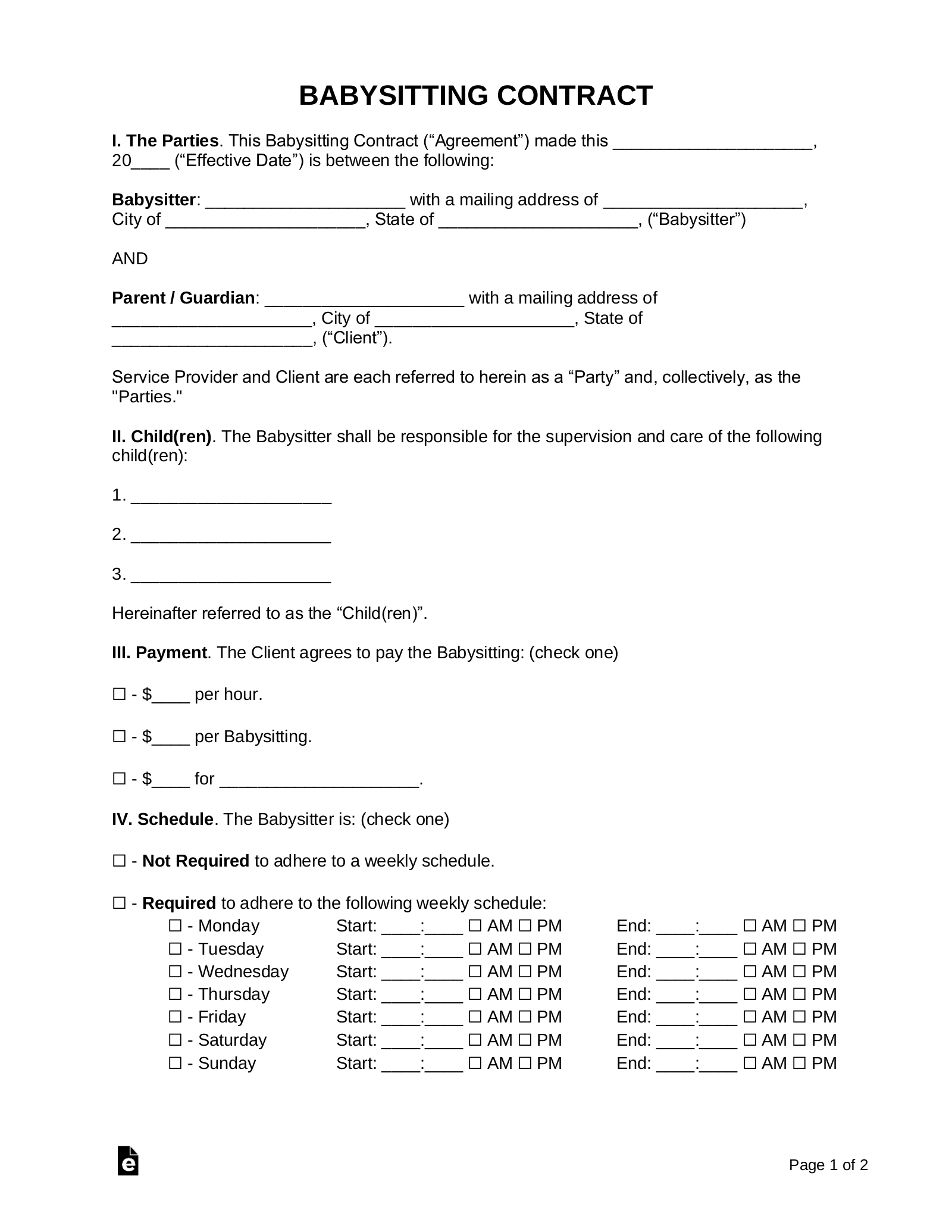 Free Babysitter Contract Template – Samples – Word | Pdf Throughout Nanny Contract Template Word