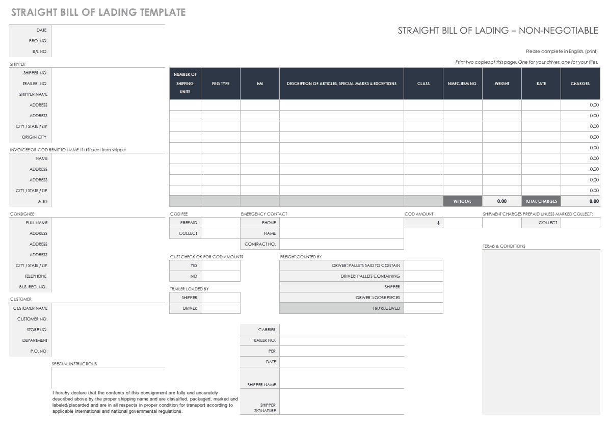 Free Bill Of Lading Templates | Smartsheet Inside Blank Bol Template