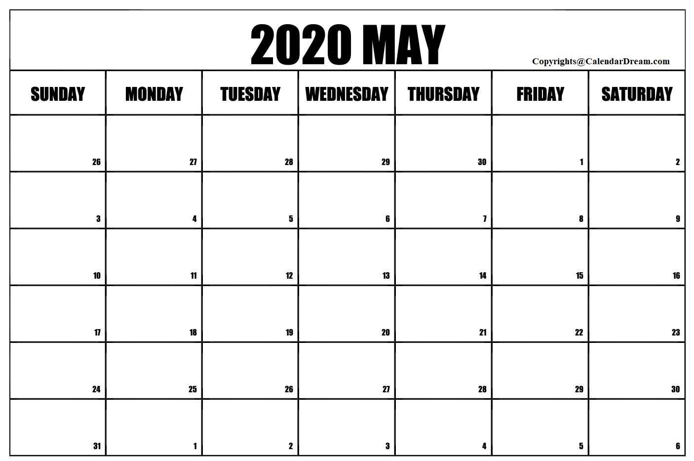 Free Blank May 2020 Printable Calendar Template [Pdf Pertaining To Blank Calendar Template For Kids