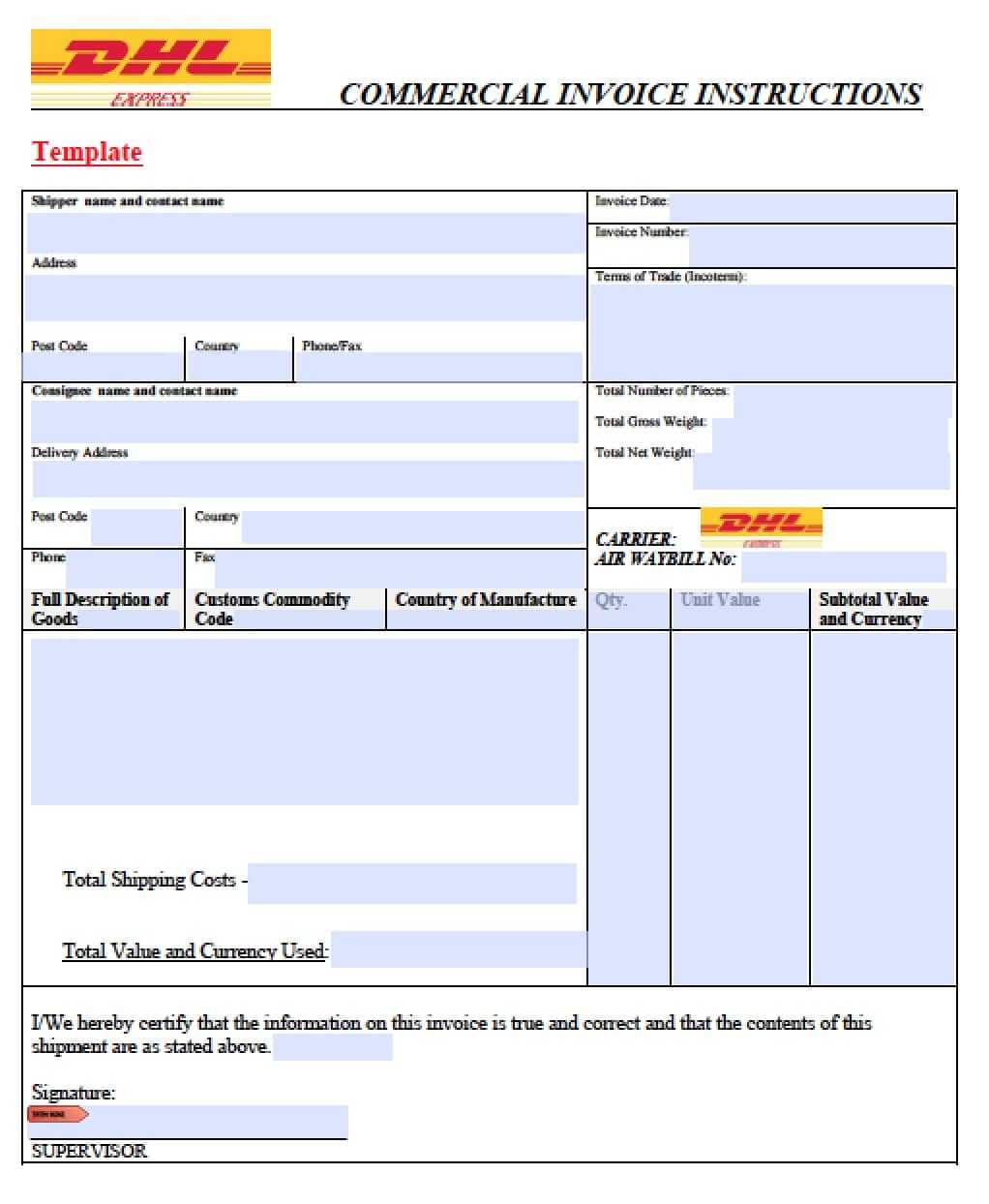 Free Dhl Commercial Invoice Template | Pdf | Word | Excel In Commercial Invoice Template Word Doc