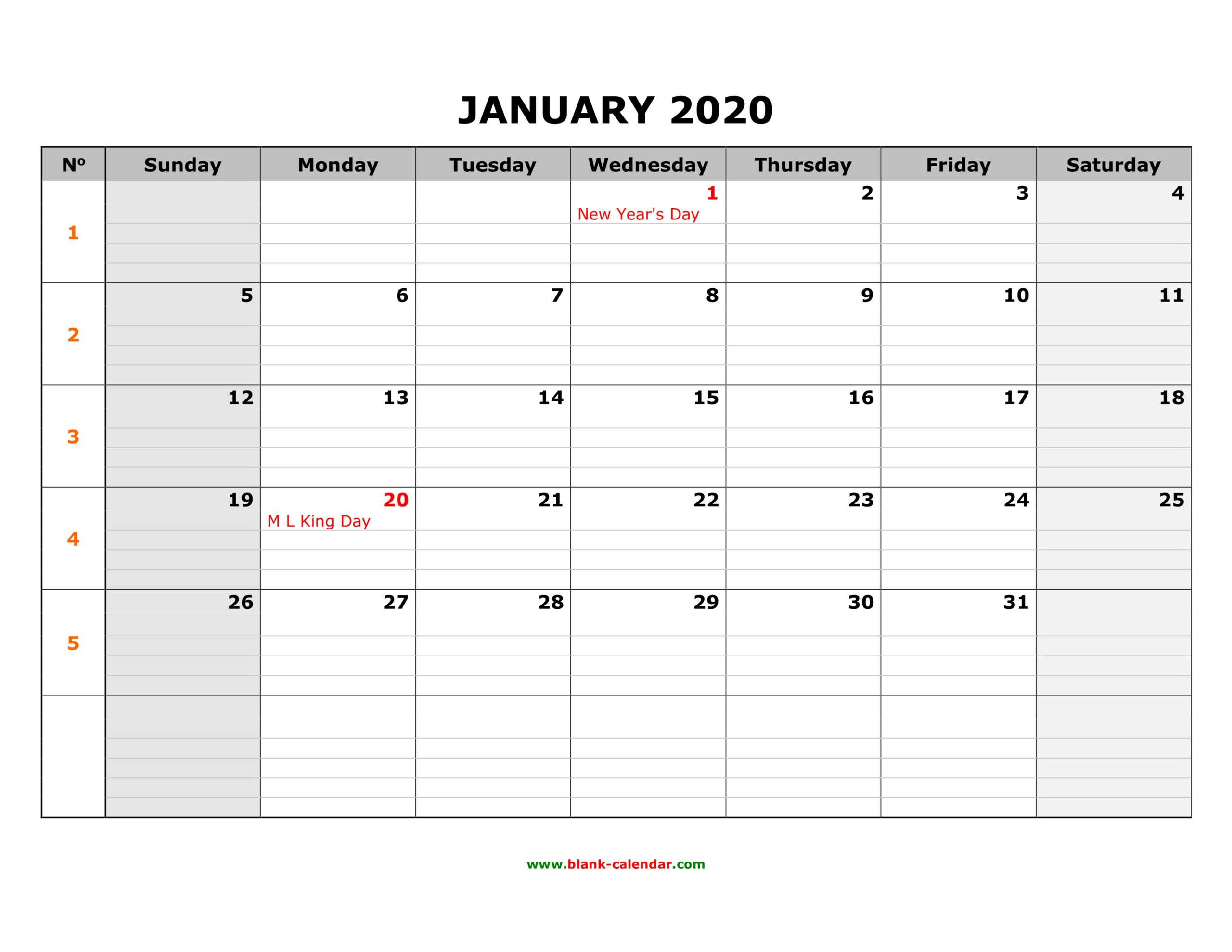 Free Download Printable Calendar 2020, Large Box Grid, Space In Blank One Month Calendar Template