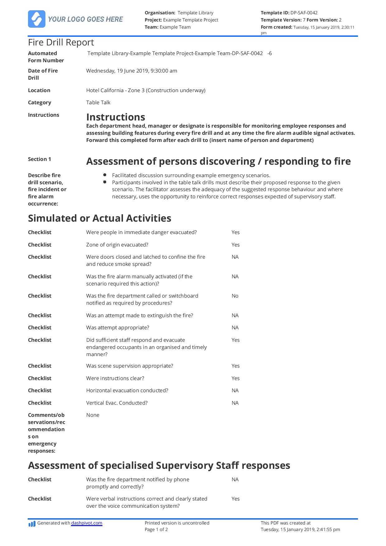 Free Fire Drill Report Template – Use, Customise, Download For Emergency Drill Report Template