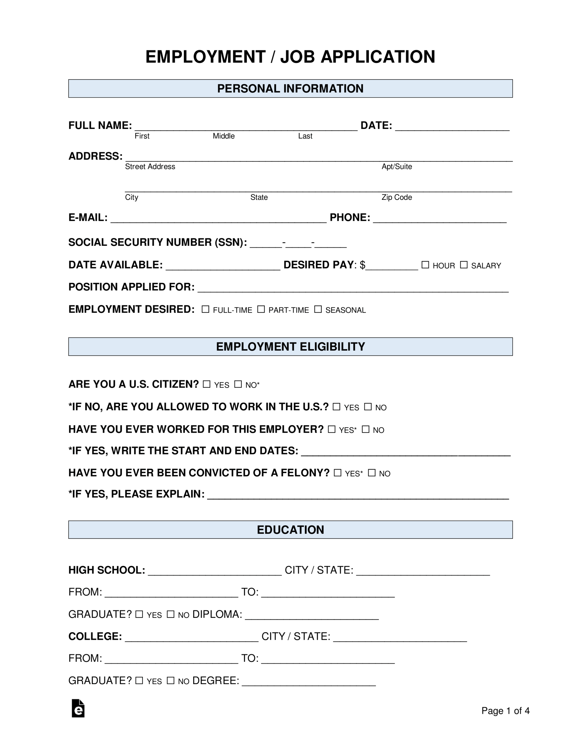 Free Job Application Form – Standard Template – Word | Pdf Intended For Employment Application Template Microsoft Word