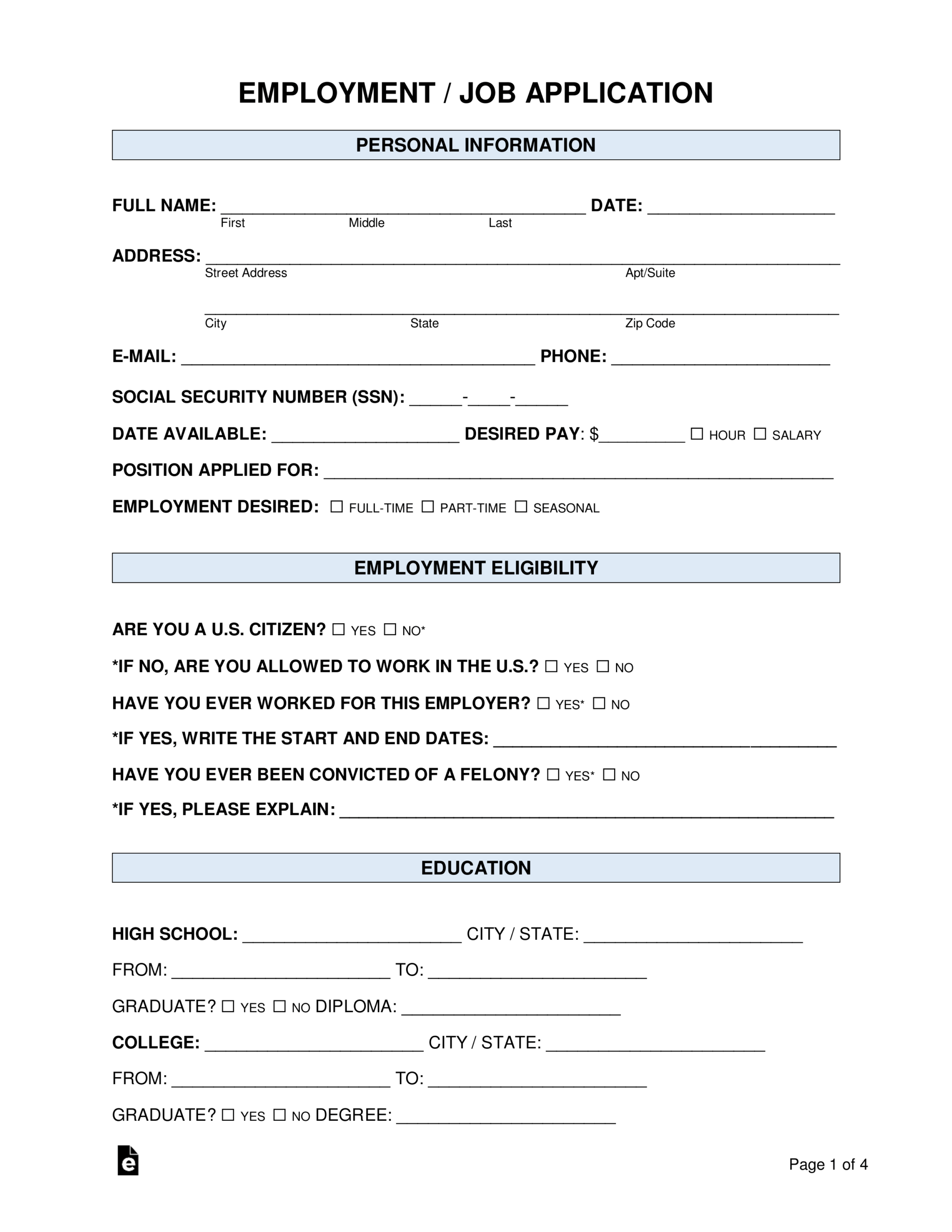 Free Job Application Form – Standard Template – Word | Pdf Within Job Application Template Word Document