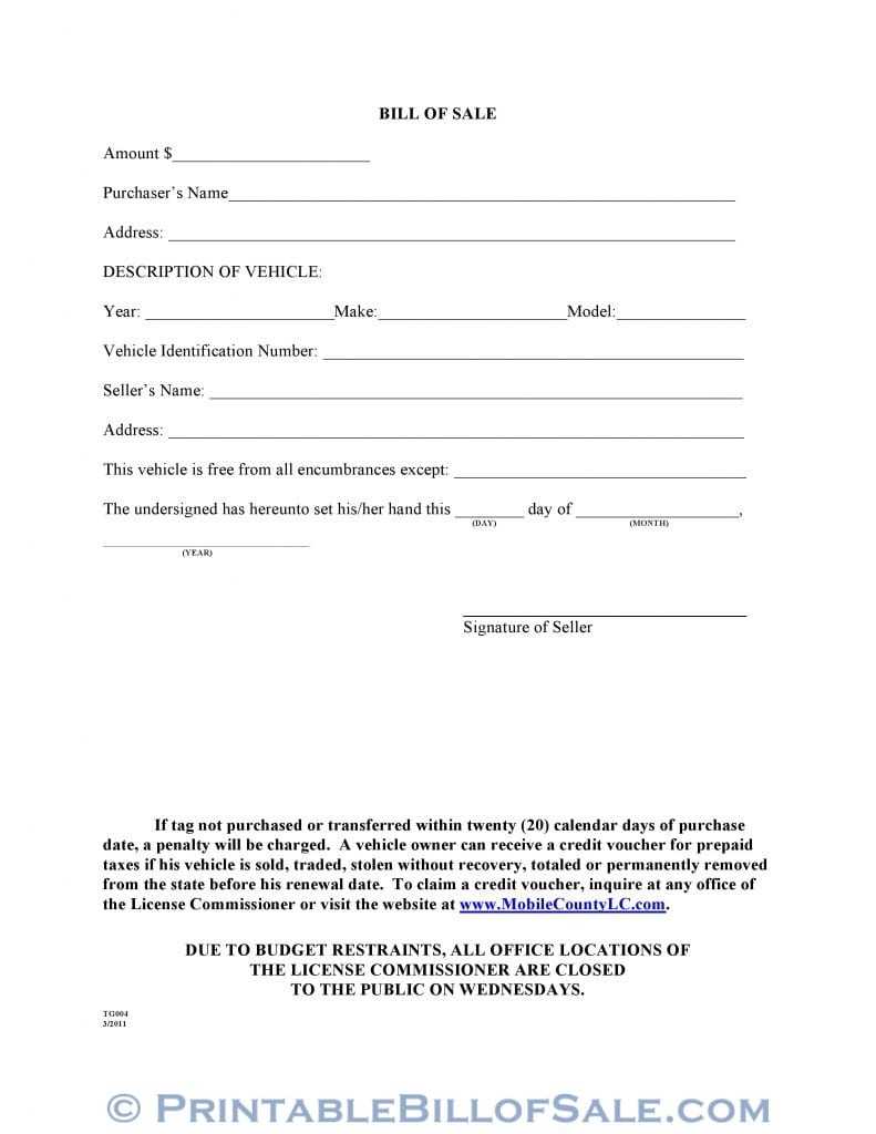 Free Mobile County Alabama Motor Vehicle Bill Of Sale Form With Regard To Vehicle Bill Of Sale Template Word