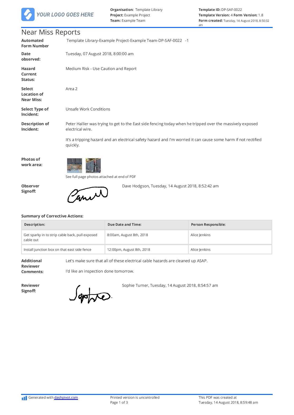 Free Near Miss Reporting Template (Easily Customisable) In Hazard Incident Report Form Template