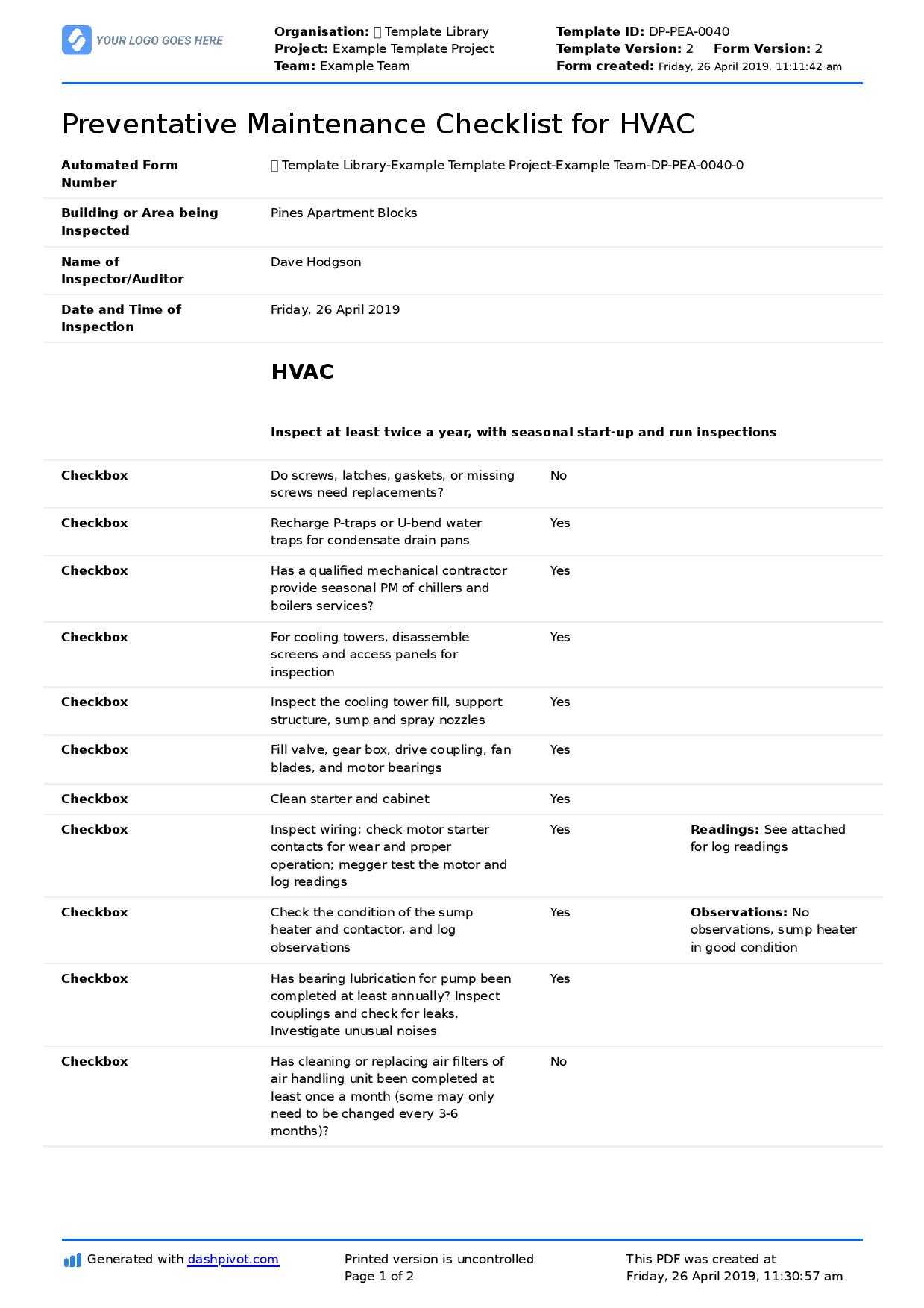 Free Preventative Maintenance Checklist For Hvac Within Computer Maintenance Report Template