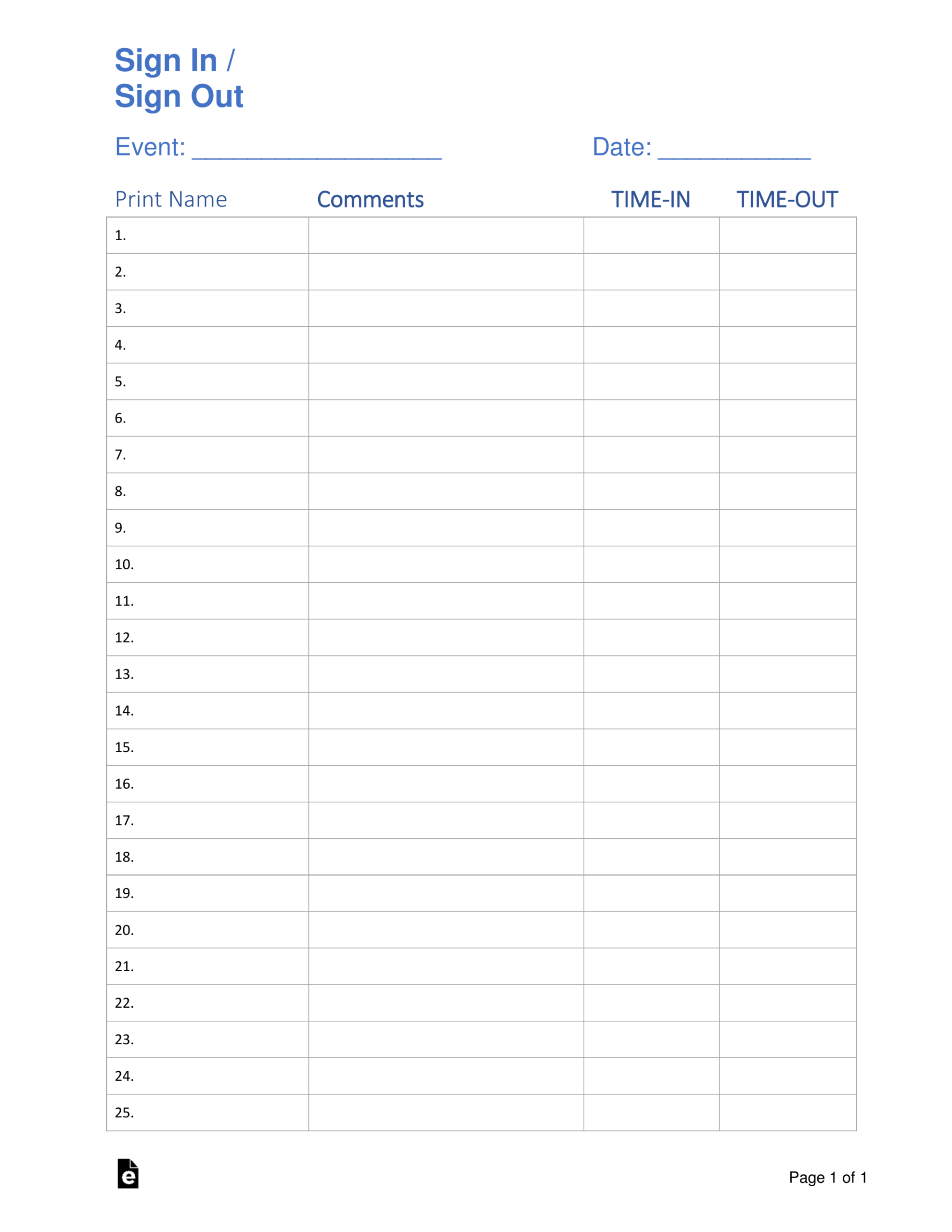 Free Sign In / Sign Up Sheet Templates - Pdf | Word | Eforms With Regard To Free Sign Up Sheet Template Word