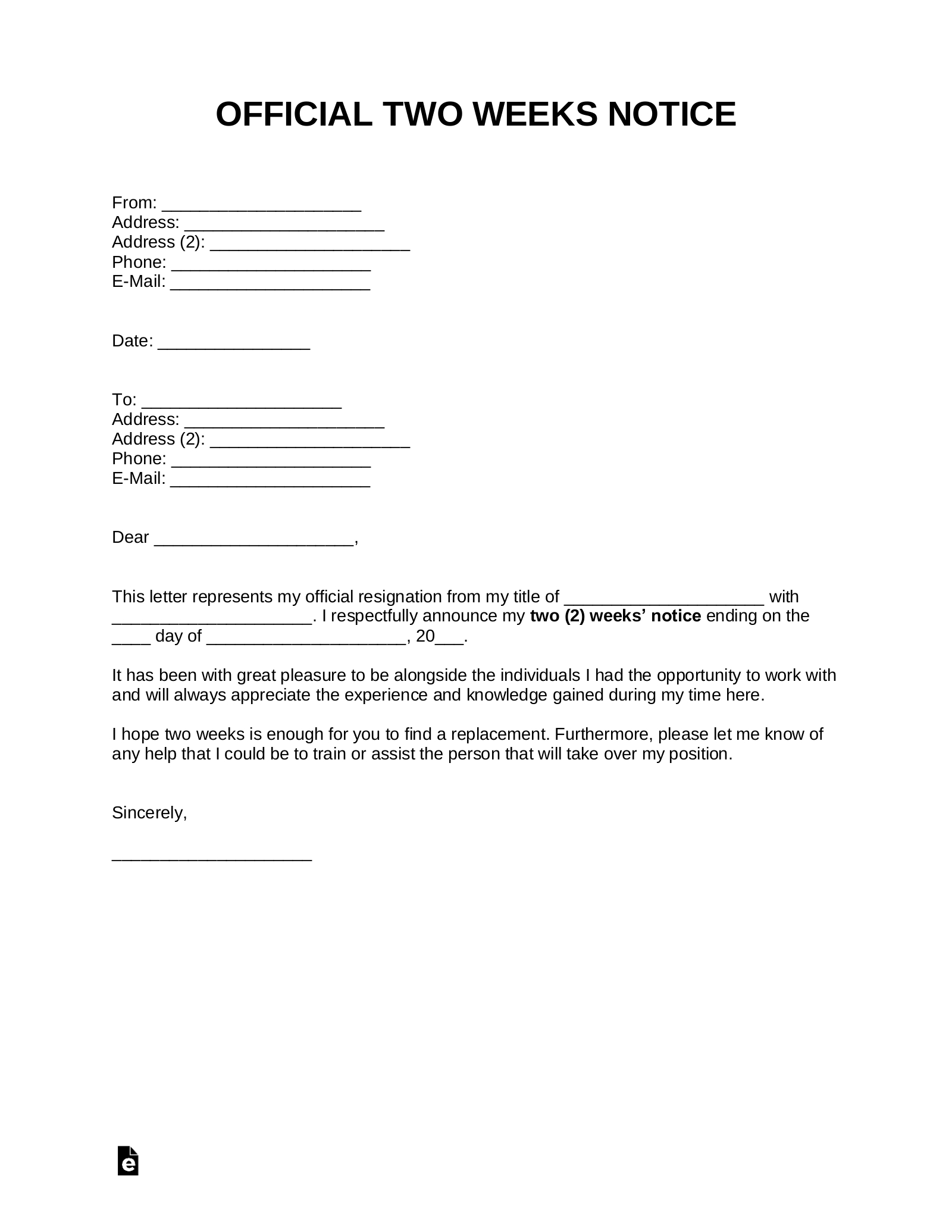 Free Two Weeks Notice Letter | Templates & Samples - Pdf Throughout Two Week Notice Template Word