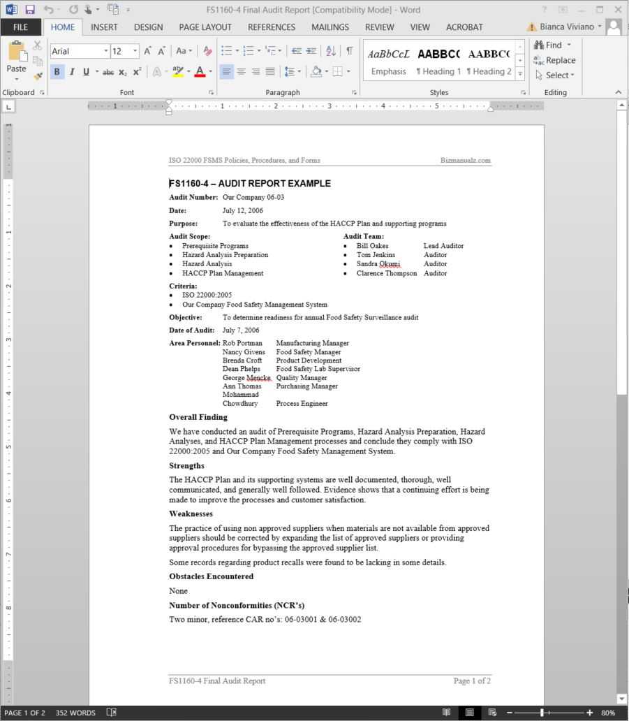 Fsms Audit Report Example Template | Fds1160 4 Pertaining To Iso 9001 Internal Audit Report Template