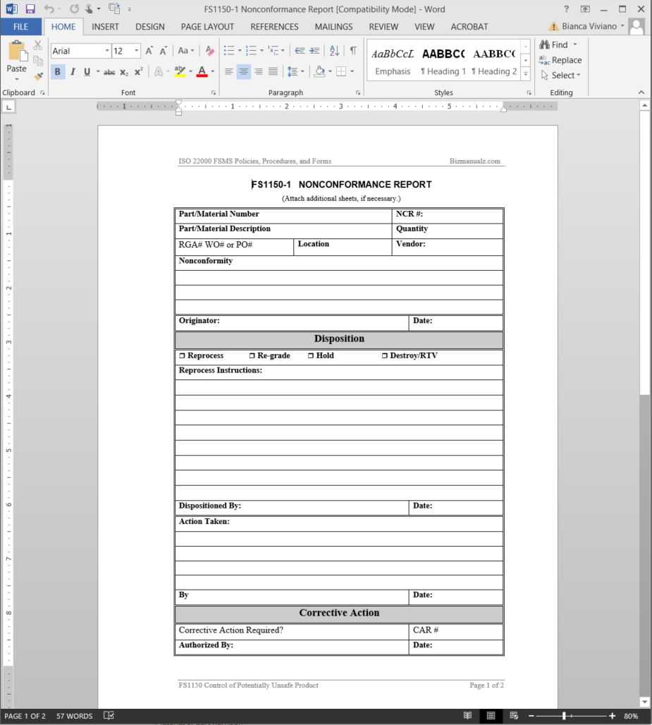 Fsms Nonconformance Report Template | Fds1150 1 Intended For Quality Non Conformance Report Template