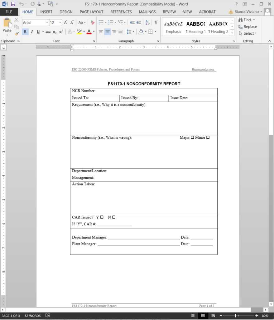 Fsms Nonconformity Report Template | Fds1170 1 Pertaining To Quality Non Conformance Report Template