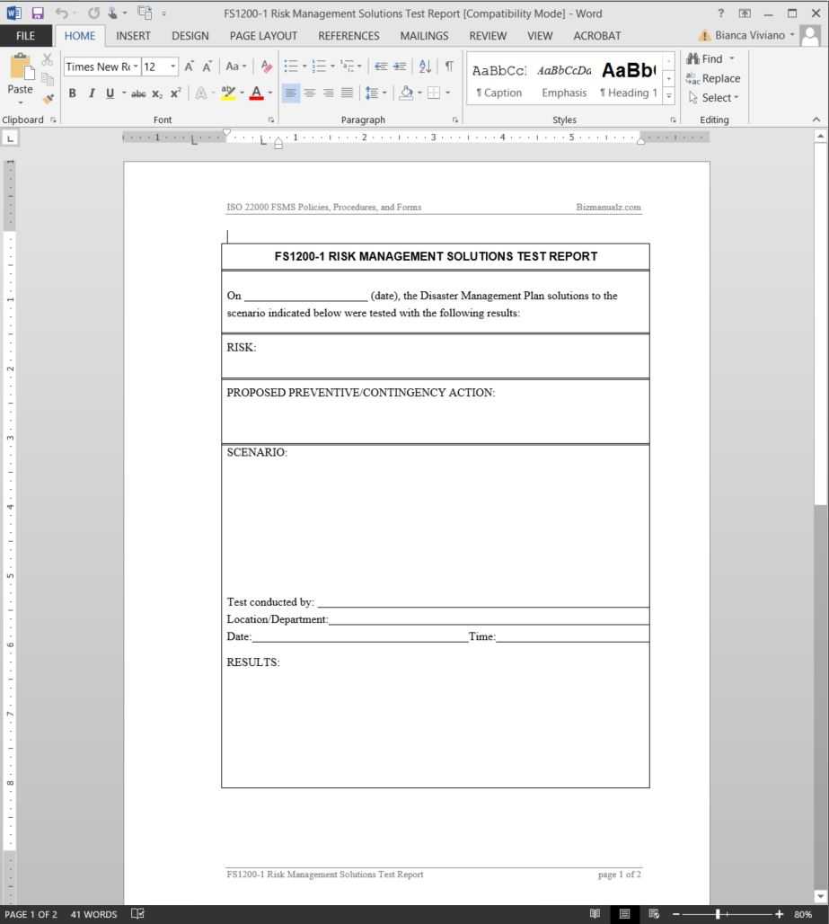 Fsms Risk Management Solutions Test Report Template | Fds1200 1 In Test Template For Word