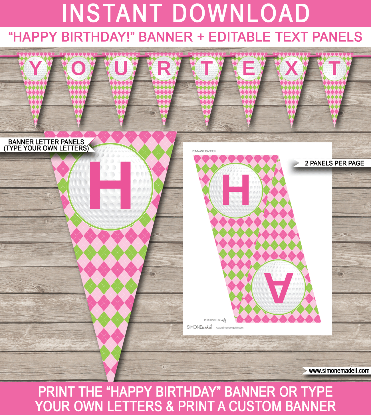 Golf Birthday Party Banner Template – Pink & Green Within Diy Birthday Banner Template