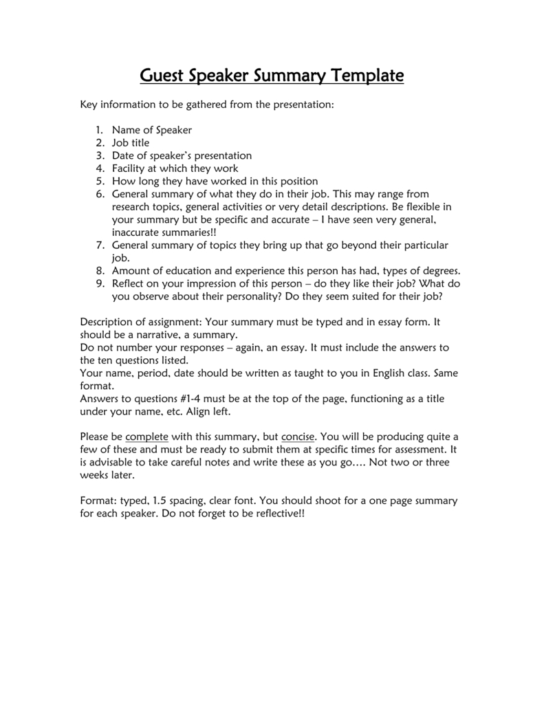 Guest Speaker Summary Template Pertaining To One Page Book Report Template