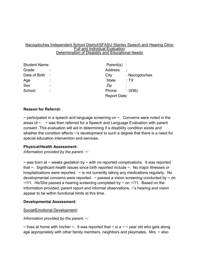 Head Start Evaluation Template Throughout Speech And Language Report Template