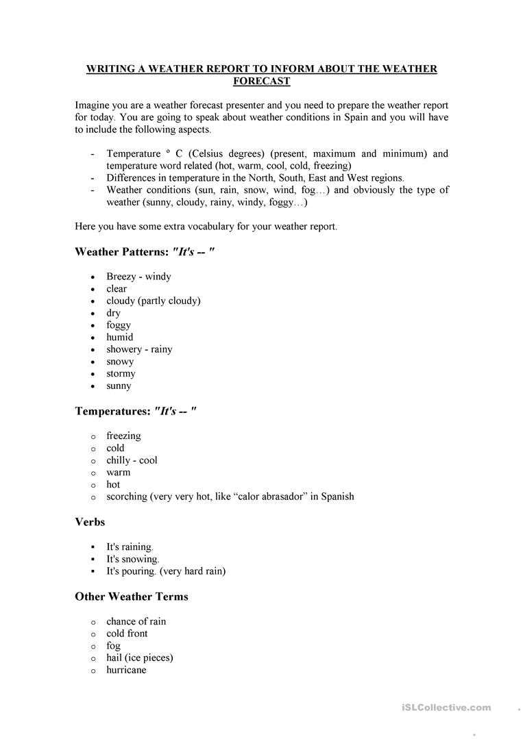 How To Write A Weather Report – English Esl Worksheets For Pertaining To Kids Weather Report Template