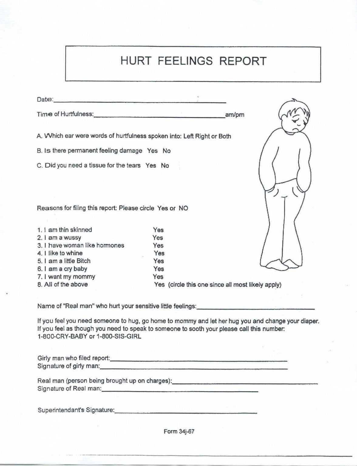 Hurt Feelings Report Funny Printable