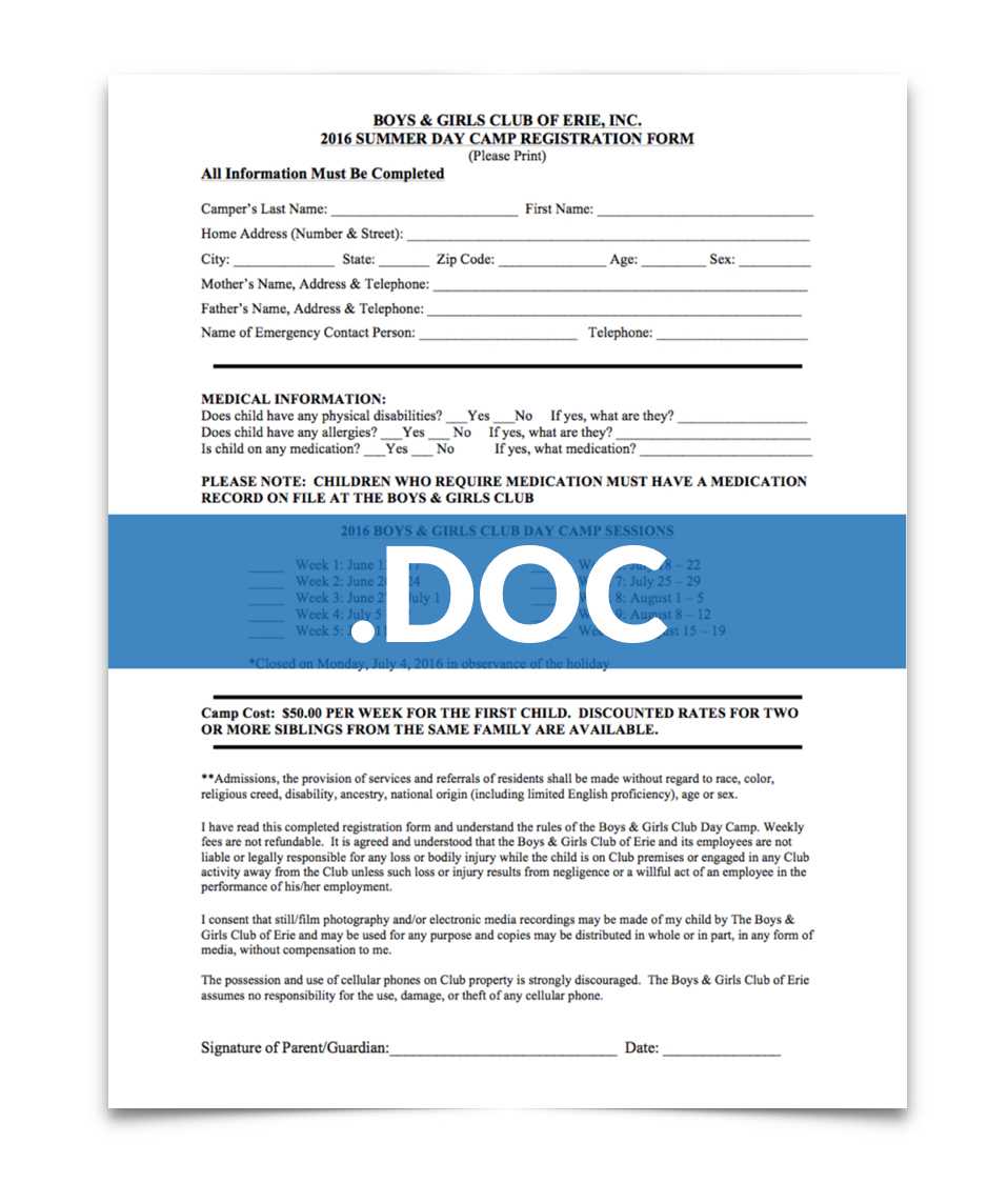 Join The Club — Boys & Girls Club Of Erie With Camp Registration Form Template Word