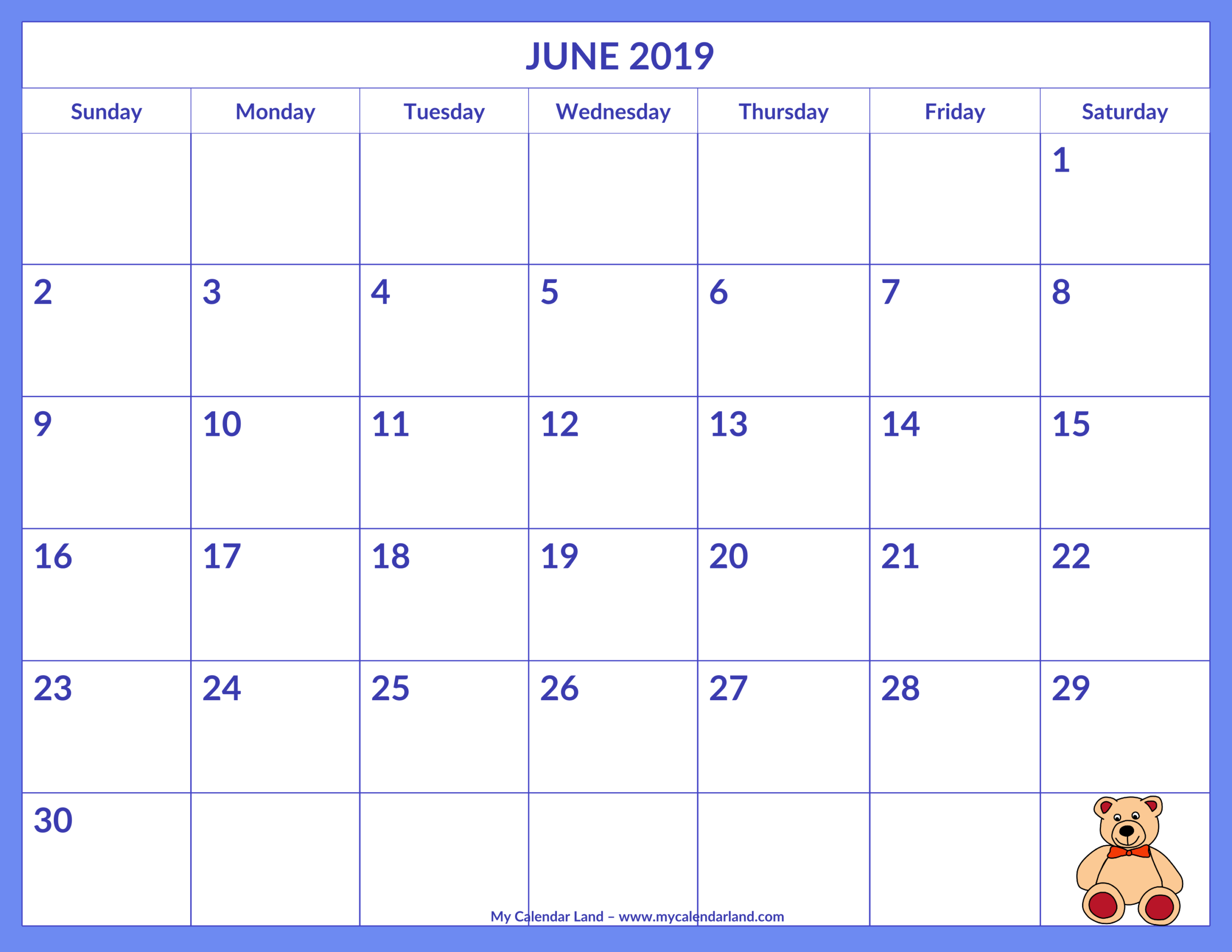 June 2019 Calendar – My Calendar Land Intended For Blank Calendar Template For Kids