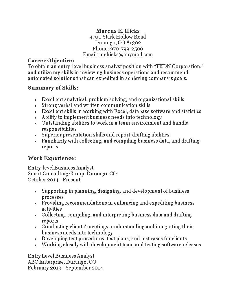 Kostenloses Entry Level Business Analyst Resume With Business Analyst Report Template